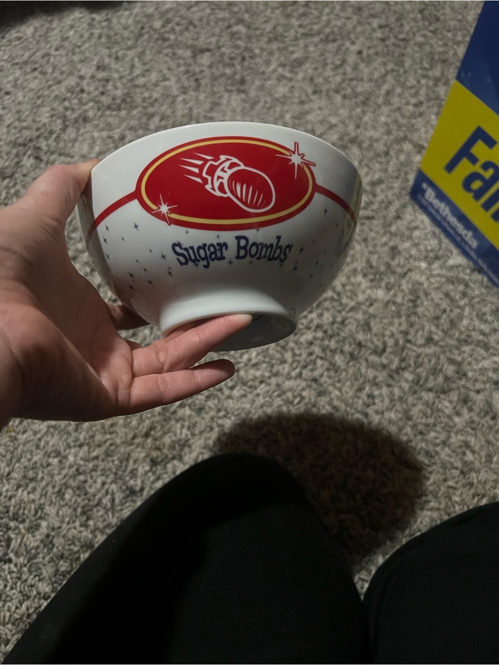 Sugar Bombs Cereal Bowl with Red and Blue Retro Logo